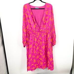 Draper James RSVP Women Size 1X Dress Pink‎ Orange Floral Print Wrap Smocked